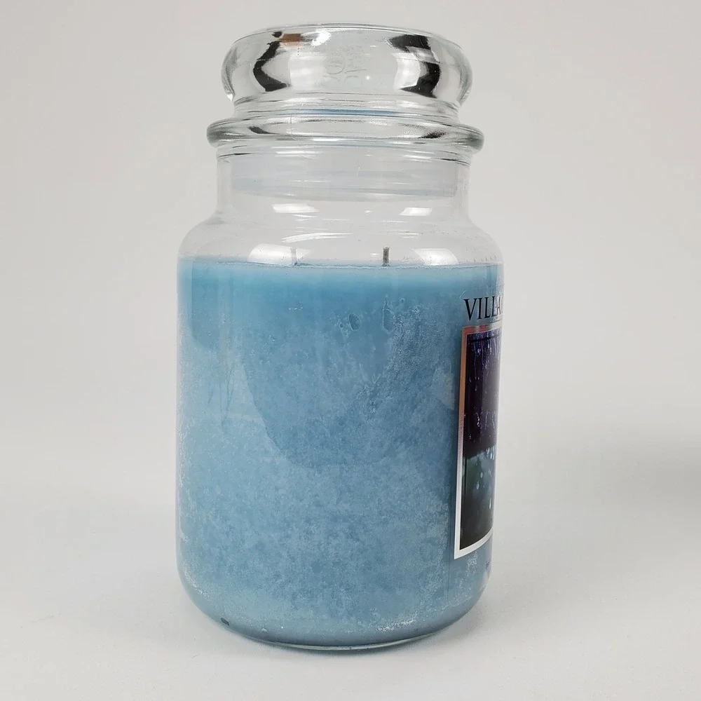Village Candle Rain Large Glass Apothecary Jar 21.25 oz Dual Wick Blue Candle